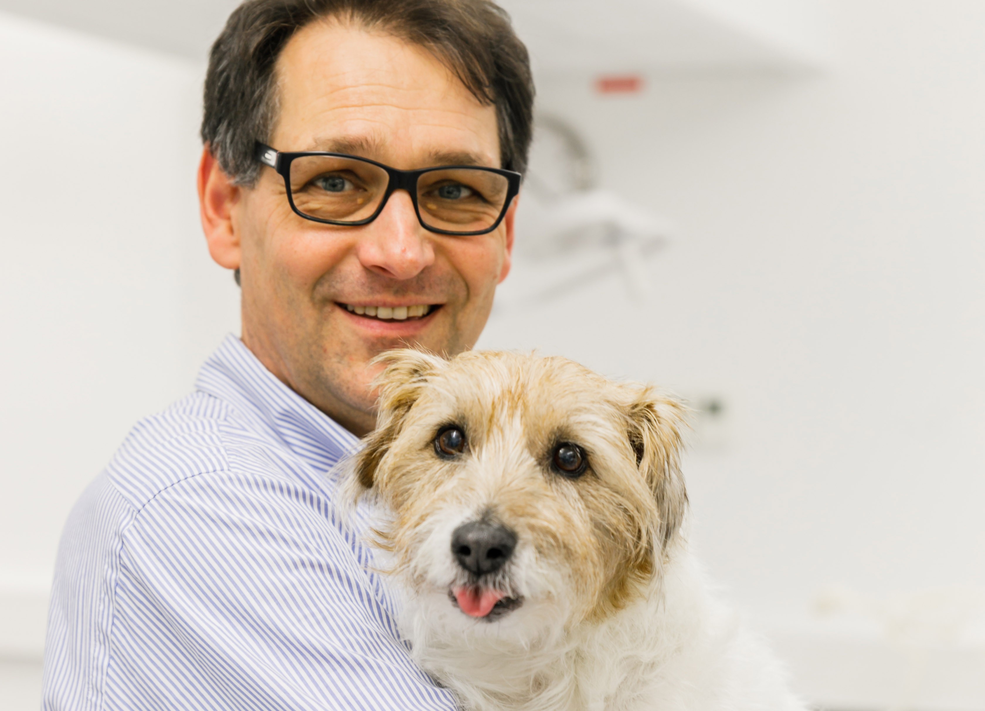 Professional portrait of two experts, a woman and a man, smiling and looking professional, suitable for a veterinary leadership academy background, modern and clean style.